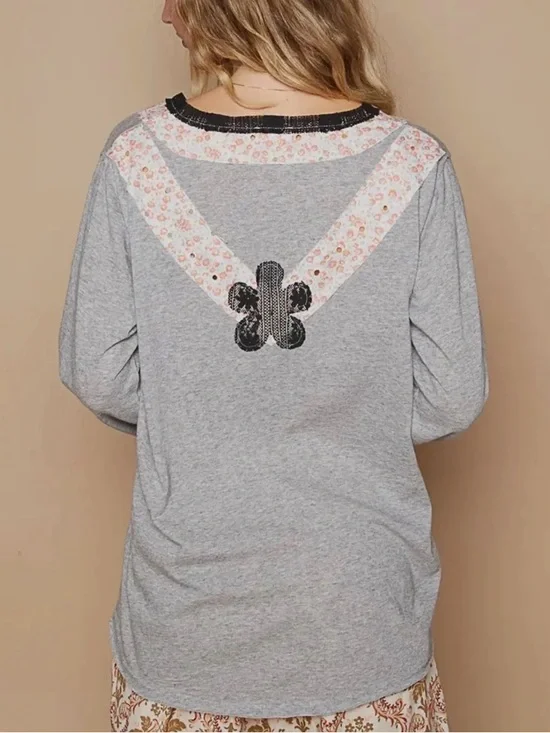 POL Lace Flower Patchwork Bohemian Top Gray Long Sleeve Medium Vintage Vibes - Picture 2 of 15